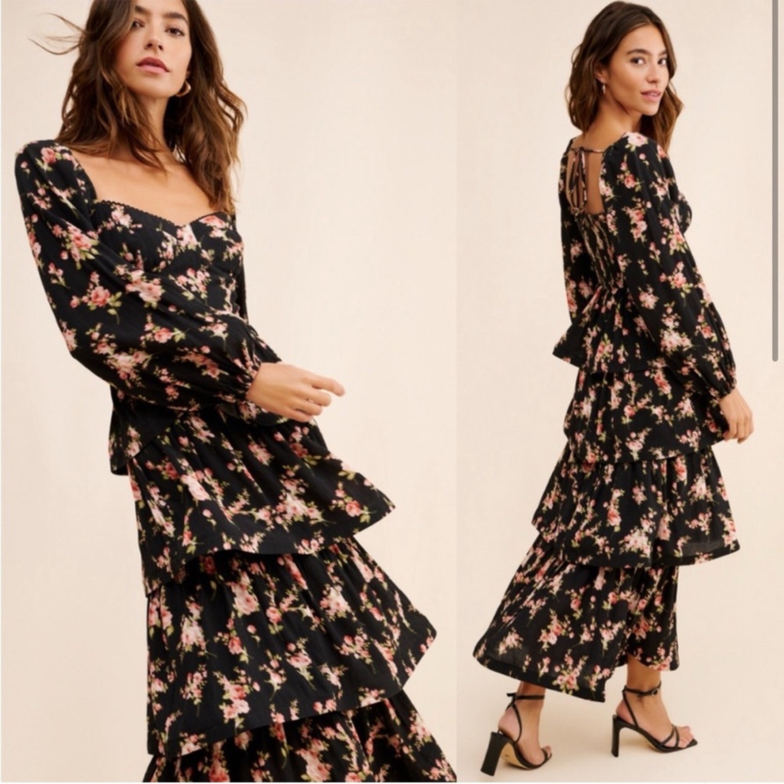 Astr Long Sleeve Floral Maxi Dress Tiered Sweetheart Neckline Black Size Small